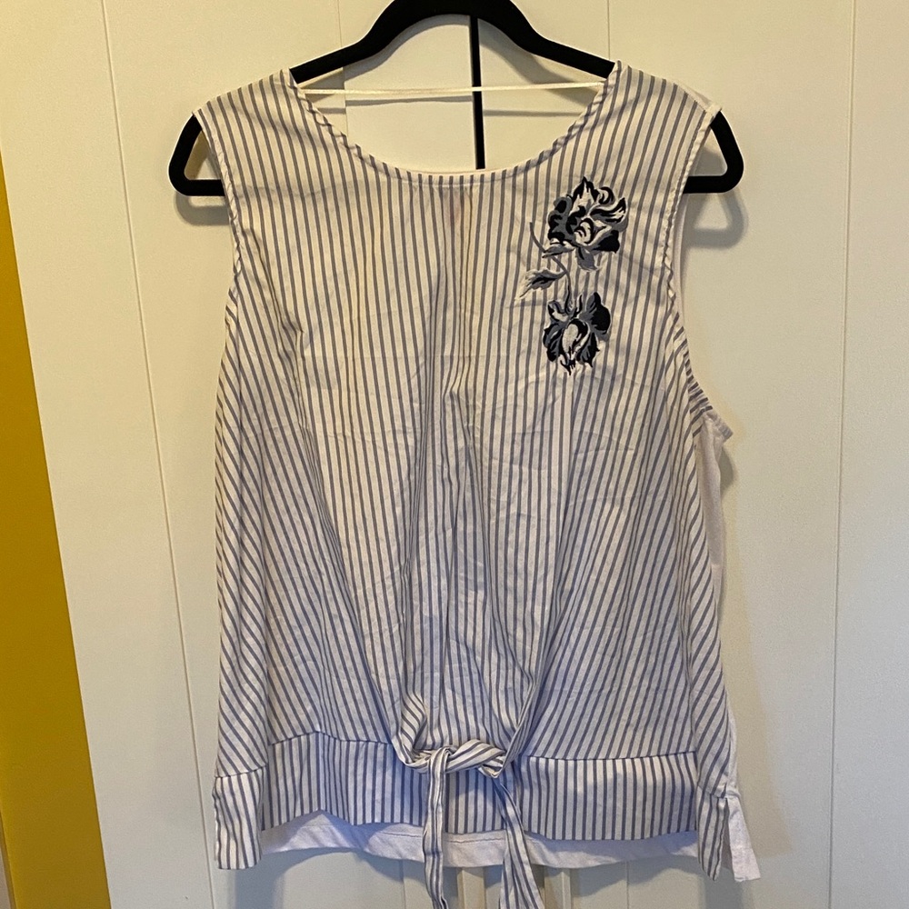 Striped Sleeveless Top with Floral Embroidery